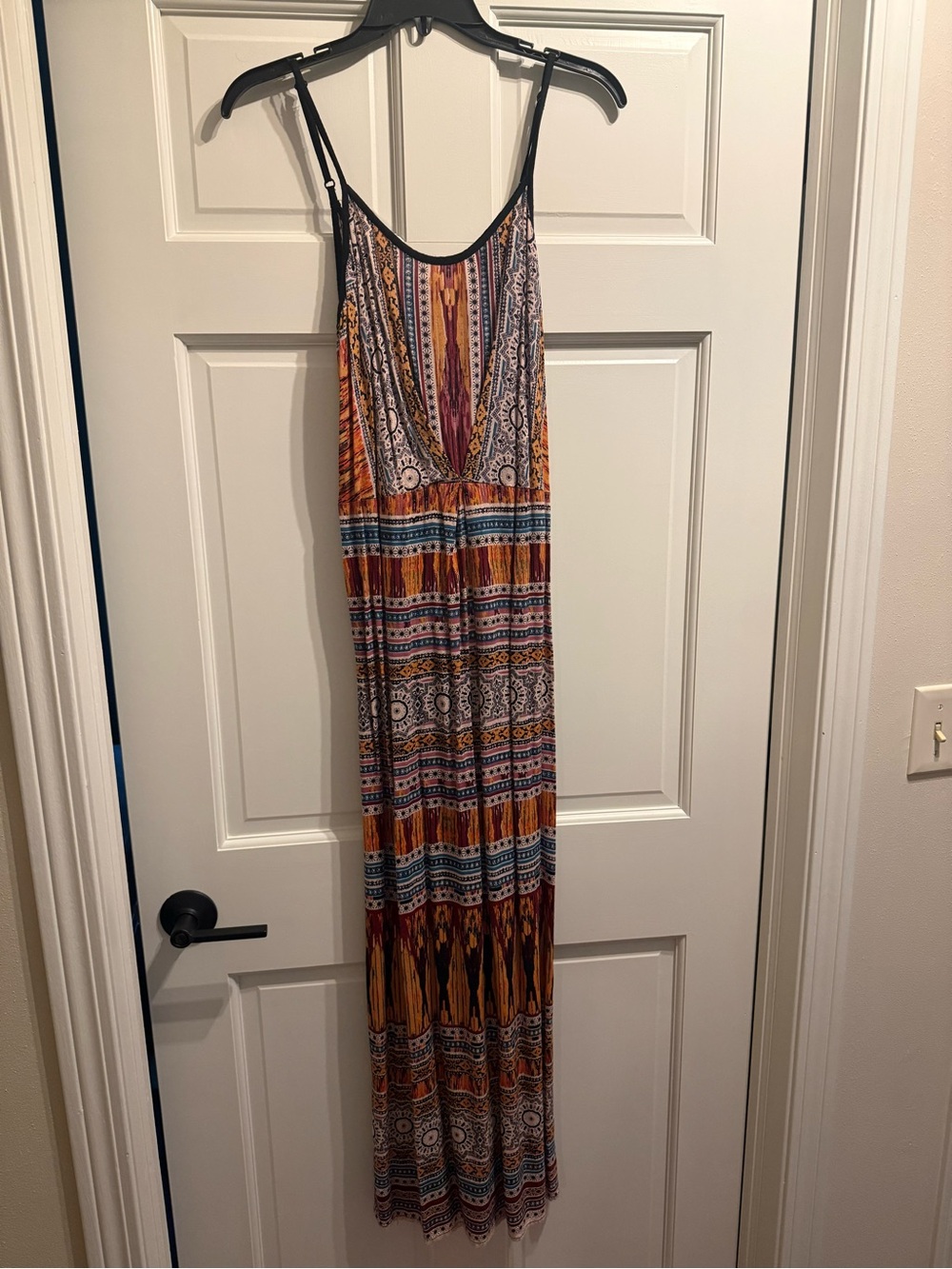 Angie Boho Maxi Dress in Rust, Blue & Cream Tribal Print